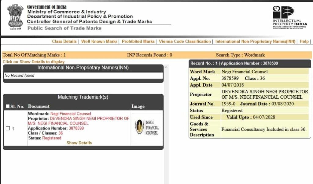 Negi Financial trademark